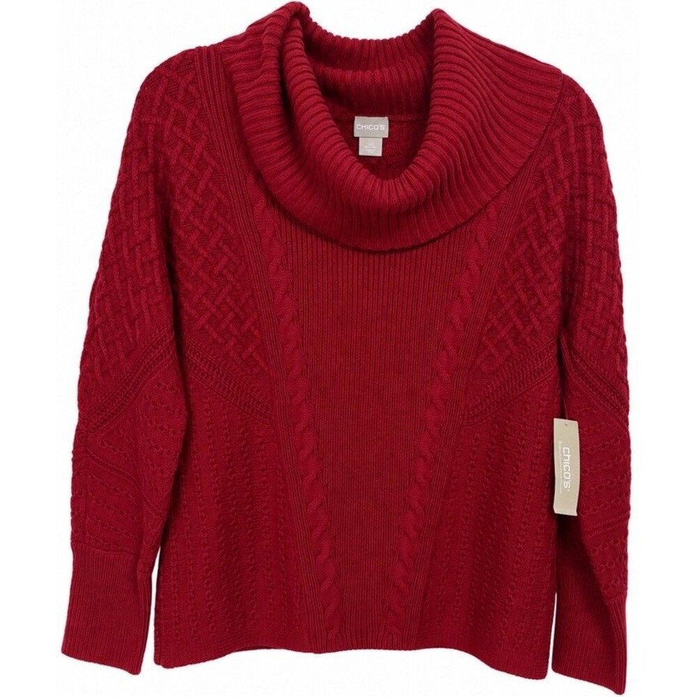 NWT Chico's Mixed Stitch Cowl Neck Sweater Size 1 Medium Enamel Red Cable Knit